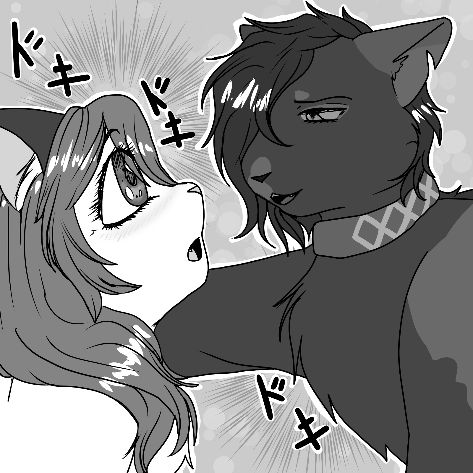 Exwife and Blubberspine in a faux shojo manga style in monochrome. Exwife is blushing hard as he pulls a kabedon. They're surrounded by Doki Doki kanji